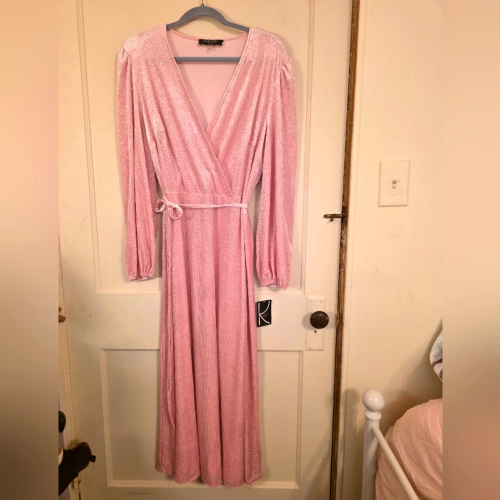 Womens NEW XL KASPER Pink Salmon Sparkle Long Sleeve Maxi Dress.